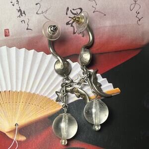 Vintage 90s Moon and Star Silver and Clear Orb Bead Boho Dangle Earrings